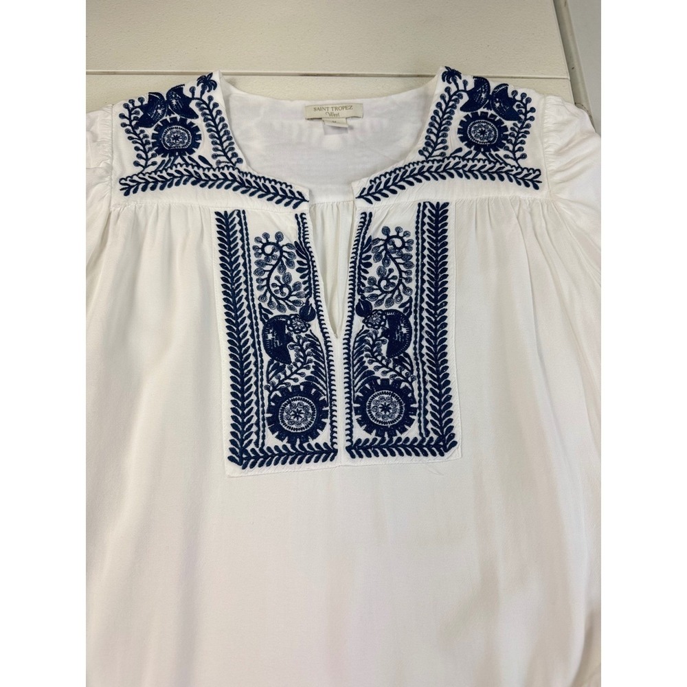 Saint Tropez West Embroidered Blouse Top White Blue Long Sleeve Boho Medium - Picture 3 of 12